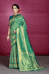 SMSAREE Teal Designer Wedding Partywear Tanchui Art Silk Hand Embroidery Work Bridal Saree Sari With Blouse Piece YNF-29895