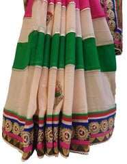 Cream, Pink & Green Designer Georgette (Viscos) Hand Embroidery Work Saree Sari