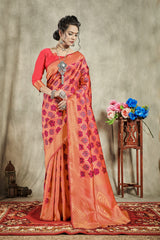 SMSAREE Coral Designer Wedding Partywear Banarasi Art Silk Hand Embroidery Work Bridal Saree Sari With Blouse Piece YNF-29912