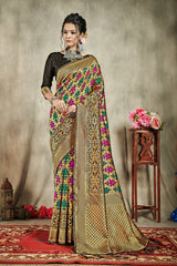 SMSAREE Black Designer Wedding Partywear Banarasi Art Silk Hand Embroidery Work Bridal Saree Sari With Blouse Piece YNF-29914