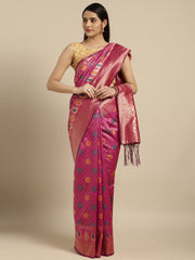 SMSAREE Pink Designer Wedding Partywear Banarasi Art Silk Hand Embroidery Work Bridal Saree Sari With Blouse Piece YNF-29915