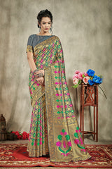 SMSAREE Grey Designer Wedding Partywear Banarasi Art Silk Hand Embroidery Work Bridal Saree Sari With Blouse Piece YNF-29917
