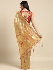 SMSAREE Gold Designer Wedding Partywear Banarasi Art Silk Hand Embroidery Work Bridal Saree Sari With Blouse Piece YNF-29918
