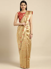 SMSAREE Gold Designer Wedding Partywear Banarasi Art Silk Hand Embroidery Work Bridal Saree Sari With Blouse Piece YNF-29918