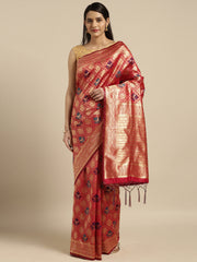 SMSAREE Red Designer Wedding Partywear Banarasi Art Silk Hand Embroidery Work Bridal Saree Sari With Blouse Piece YNF-29919