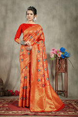 SMSAREE Red Designer Wedding Partywear Banarasi Art Silk Hand Embroidery Work Bridal Saree Sari With Blouse Piece YNF-29919