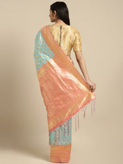 SMSAREE Turquoise Blue Designer Wedding Partywear Tussar Art Silk Hand Embroidery Work Bridal Saree Sari With Blouse Piece YNF-29928