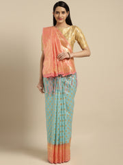 SMSAREE Turquoise Blue Designer Wedding Partywear Tussar Art Silk Hand Embroidery Work Bridal Saree Sari With Blouse Piece YNF-29928