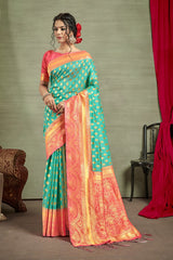 SMSAREE Turquoise Blue Designer Wedding Partywear Tussar Art Silk Hand Embroidery Work Bridal Saree Sari With Blouse Piece YNF-29928