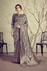 SMSAREE Navy Blue Designer Wedding Partywear Kanjeevaram Art Silk Hand Embroidery Work Bridal Saree Sari With Blouse Piece YNF-29942