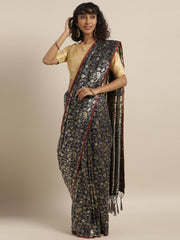 SMSAREE Black Designer Wedding Partywear Kanjeevaram Art Silk Hand Embroidery Work Bridal Saree Sari With Blouse Piece YNF-29946
