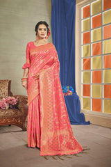 SMSAREE Coral Designer Wedding Partywear Banarasi Art Silk Hand Embroidery Work Bridal Saree Sari With Blouse Piece YNF-29949