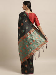 SMSAREE Black Designer Wedding Partywear Tussar Art Silk Hand Embroidery Work Bridal Saree Sari With Blouse Piece YNF-29956