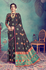 SMSAREE Black Designer Wedding Partywear Tussar Art Silk Hand Embroidery Work Bridal Saree Sari With Blouse Piece YNF-29956