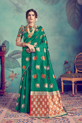SMSAREE Green Designer Wedding Partywear Tussar Art Silk Hand Embroidery Work Bridal Saree Sari With Blouse Piece YNF-29957
