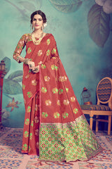 SMSAREE Coral Designer Wedding Partywear Tussar Art Silk Hand Embroidery Work Bridal Saree Sari With Blouse Piece YNF-29958