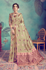 SMSAREE Gold Designer Wedding Partywear Tussar Art Silk Hand Embroidery Work Bridal Saree Sari With Blouse Piece YNF-29959