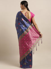 SMSAREE Blue Designer Wedding Partywear Tussar Art Silk Hand Embroidery Work Bridal Saree Sari With Blouse Piece YNF-29960