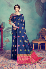 SMSAREE Blue Designer Wedding Partywear Tussar Art Silk Hand Embroidery Work Bridal Saree Sari With Blouse Piece YNF-29960