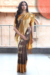 SMSAREE Coffee Brown Designer Wedding Partywear Tussar Art Silk Hand Embroidery Work Bridal Saree Sari With Blouse Piece YNF-29968
