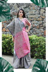 SMSAREE Navy Blue Designer Wedding Partywear Tanchui Art Silk Hand Embroidery Work Bridal Saree Sari With Blouse Piece YNF-29971