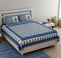 Off White & Blue Pure Cotton Double Bed Ethnic Jaipuri Printed Bedsheet