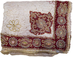 White Designer Net Brasso Saree With Merron Velvet Hand Embroidery Border