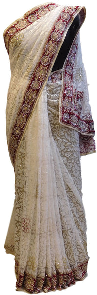 White Designer Net Brasso Saree With Merron Velvet Hand Embroidery Border