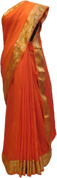 Orange Designer Georgette (Viscos) Self Weaved Zari Border Work Saree Sari