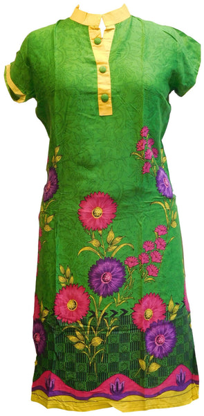 Green Designer Cotton (Chanderi) Printed Kurti With Yellow Taping