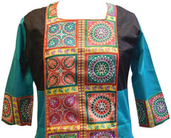 Turquoise & Black Designer Cotton (Chanderi) Printed Kurti