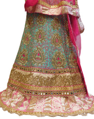 Sea Green & Pink Designer Raw Silk Bridal Hand Embroidery Work Lahenga With Net Dupatta & Raw Silk Blouse