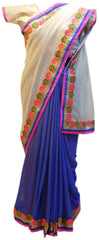 Cream Blue Designer Net & Georgette (Viscos) Thread Zari Sequence Saree Sari With Stylish Blouse