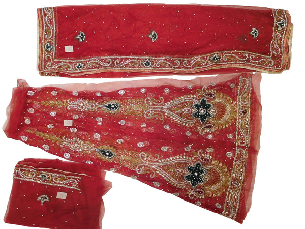 Red Designer Bridal Hand Embroidery Work Net Lahenga With Net Dupatta & Net Blouse