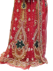 Red Designer Bridal Hand Embroidery Work Net Lahenga With Net Dupatta & Net Blouse