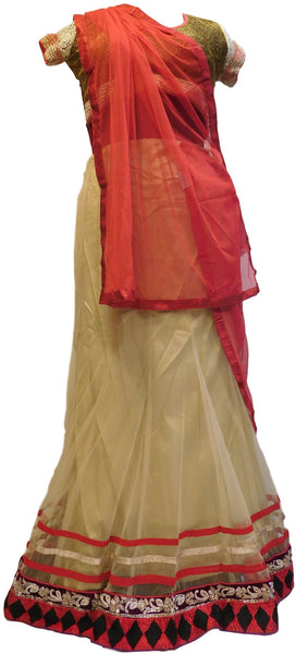 Cream & Red Designer Bridal Net Lahenga With Net Dupatta & Stylist Silk Blouse