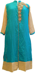Turquoise & Beige Designer Georgette (Viscos) Hand Embroidery Pearl Thread Work Kurti Kurta