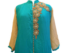Turquoise & Beige Designer Georgette (Viscos) Hand Embroidery Pearl Thread Work Kurti Kurta