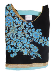 Turquoise & Black Designer Georgette (Viscos) Hand Embroidery Cutdana Bullion Pearl Thread Work Kurti Kurta