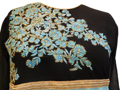 Turquoise & Black Designer Georgette (Viscos) Hand Embroidery Cutdana Bullion Pearl Thread Work Kurti Kurta