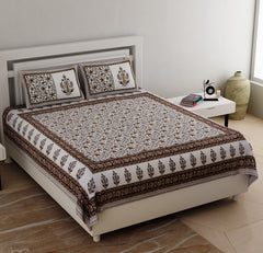 Off White & Brown Pure Cotton Double Bed Ethnic Jaipuri Printed Bedsheet