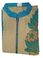 Beige & Turquosie Designer Cotton (Supernet) Hand Embroidery Pearl Thread Work Chunari Print Kurti Kurta