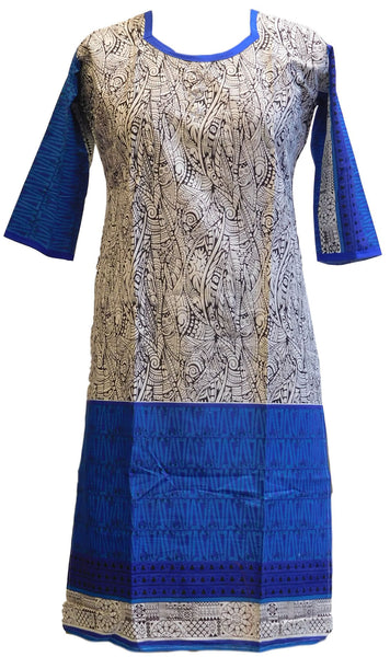 Blue, White & Black Designer Cotton (Chanderi) Printed Kurti