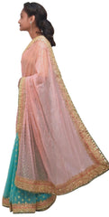 Pink & Turquoise Designer Net & Georgette Hand Embroidery Work Saree Sari
