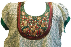 Green & White Designer Cotton (Chanderi) Printed Kurti With Heavy Hand Embroidery