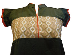 Green & Cream Designer Cotton (Chanderi) Hand Embroidery Thread Work Kurti Kurta