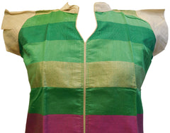 Green Golden & Pink Designer Cotton (Chanderi) Hand Embroidery Zari Work Kurti Kurta
