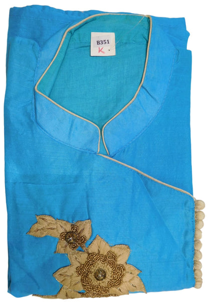 Blue Designer Cotton (Chanderi) Hand Embroidery Thread Stone Beads Work Kurti Kurta