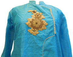 Blue Designer Cotton (Chanderi) Hand Embroidery Thread Stone Beads Work Kurti Kurta