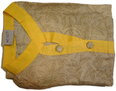 Beige Designer Cotton (Chanderi) Printed Kurti With Yellow Taping